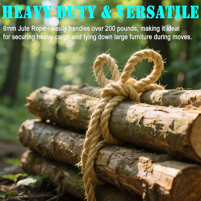 8mm Jute Twine Rope - 164ft Heavy Duty Natural Jute String for Gardening, Crafts, Packaging, DIY Projects & More - Strong, Durable & Biodegradable - Perfect for Plant Tying, Home Decor & Outdoor Use