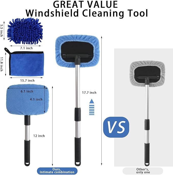 5 PCS Windshield Cleaning Tools, 18 inch Microfiber Car Window Cleaning Tool with Extendable Handle, Auto Interior Exterior Glass Wiper Car Glass Cleaner Kit with Microfiber Bonnet Pads and Cloth