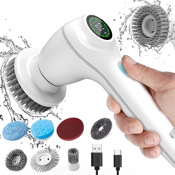 COO Electric Spin Scrubber, Cordless Cleaning Brush Scrubber, Home Power Scrubber for Cleaning Bathroom Kitchen, Cleaning Brush with 8 Replacement Heads Bathroom Cleaner (White, SX828)
