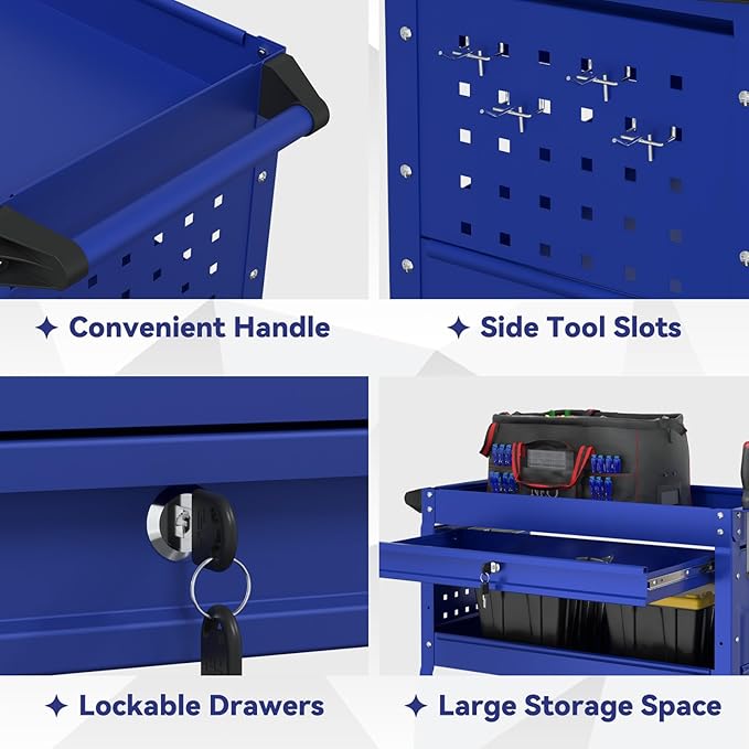 3 Tier Rolling Tool Cart with Drawer, 450 LBS Heavy Duty Utility Cart on Wheels, Service Cart for Garage, Workshop and Warehouse (Blue)