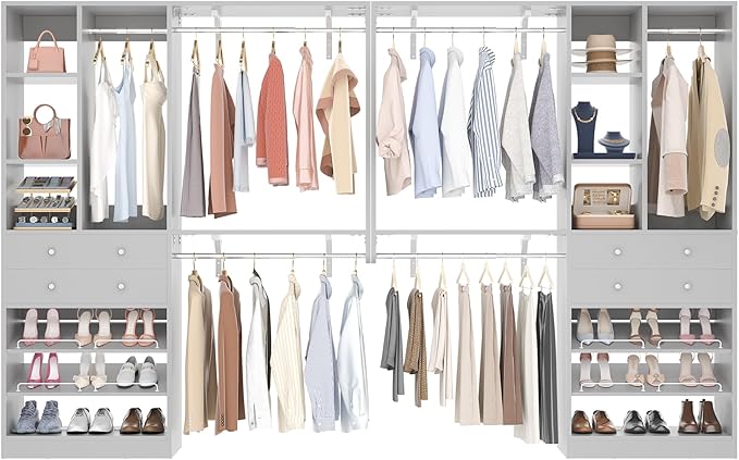 [10 FT Closet System] 120 Inch Reversible Set of 2 Wood Closet Organizer System with 4 Drawers, 6 Hanging Rods Adjustable Shelf, Shoe Rack, Morandi Grey
