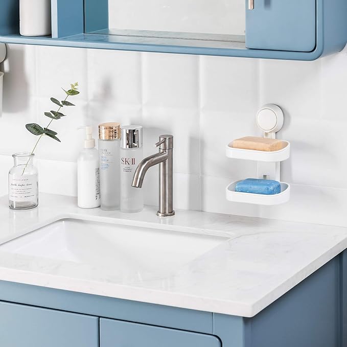 LEVERLOC Soap Dish Holder for Shower Double Layer Suction Cup Wall Mounted NO-Drilling Self Draining Removable Waterproof Strong Suction Bar Soap Sponge Holder for Shower Bathroom Bathtub Kitchen