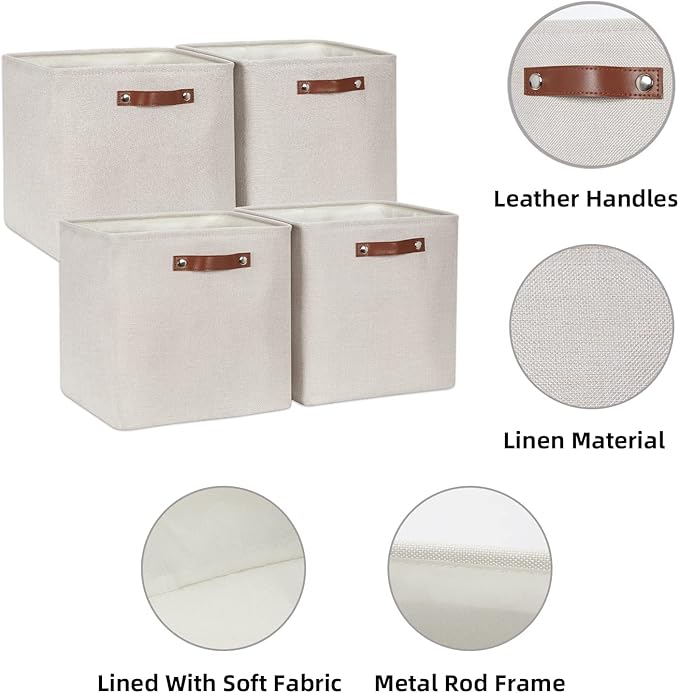 HNZIGE 13x13x13 Cube Storage Bins, Fabric Storage Cubes Baskets for Shelves, Set of 4, Cube Storage Baskets with Handles Foldable Storage Baskets for Organizing Clothes, Toys, Closet, Nursery(Cream)