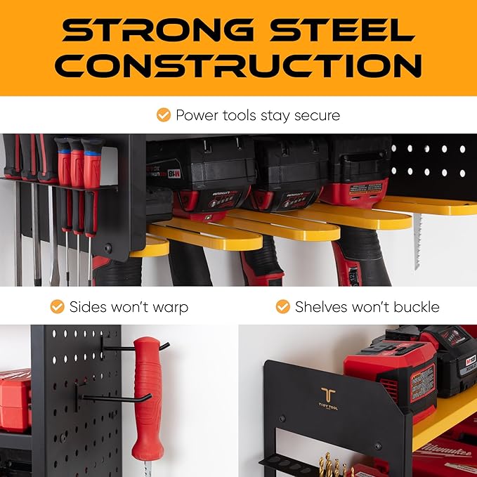 Power Tool Organizer - Wall Mount Storage for Garage Organizes 4 Cordless Drills & Tools - Easy Assembly Heavy Duty Rack has Pegboard Sides Shelves & Hooks - Neatly Holds Screwdrivers & Drill Bits
