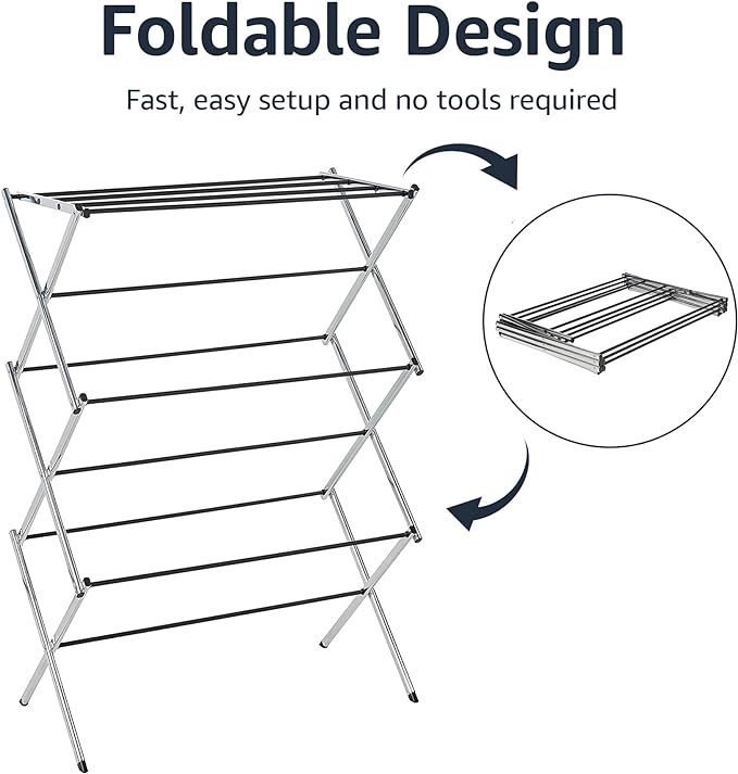 Amazon Basics Foldable Portable Laundry Drying Rack for Indoor Air Drying Clothing, 14.5 x 29.5 x 41.8 inches (LxWxH), Chrome Silver