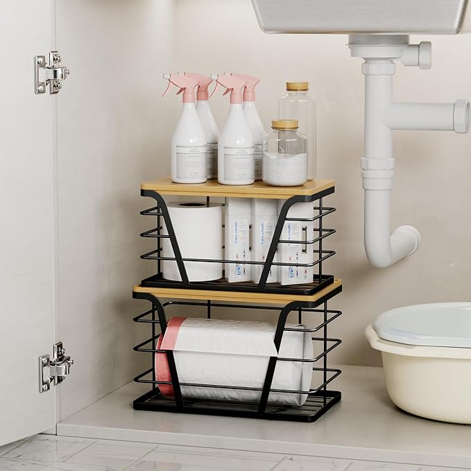 2 Pack Stackable Storage Laundry Kitchen Organizers, Wall Mount Trash Bag Holder with Bamboo Top and Garbage Bag Dispenser No Drill