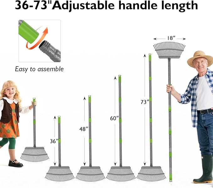 GARDENWORK Garden Leaf Rake,73" Long Handle Rake for Leaves,18" Wide Metal Garden Rakes with 25 Reinforced Tines and Adjustable Handle for Lawn,Shrub,Grass,Flower Beds