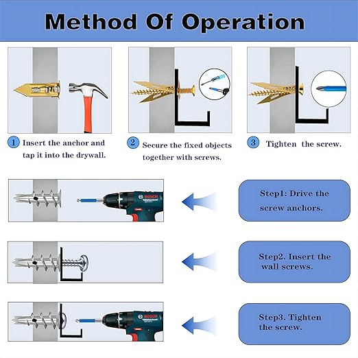 380pcs Self Drilling Drywall Anchors with Screws, 5 Different Sizes Zinc Plated Steel Self-Drilling Anchors Set, Easy Application No Drill or Holes in Wall