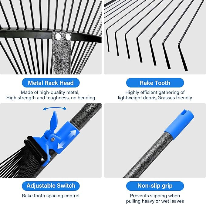 Rake for Leaves - Metal Leaf Rake for Lawn & Garden, Expandable Head 9"-17", 75" Adjustable Handle for Kids & Adults - Effortless Gardening, Portable Camping Rakes with Tool-Free Assembly