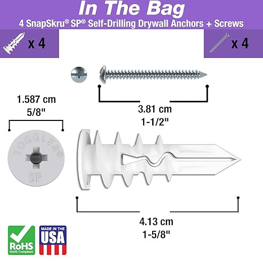 TOGGLER SnapSkru SP Self-Drilling Drywall Anchor for Hollow Wall Application, Glass-Filled Nylon, Made in US, for #6 to #10 Fastener Sizes (4 Pack w/Screws)