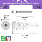 TOGGLER SnapSkru SP Self-Drilling Drywall Anchor for Hollow Wall Application, Glass-Filled Nylon, Made in US, for #6 to #10 Fastener Sizes (4 Pack w/Screws)
