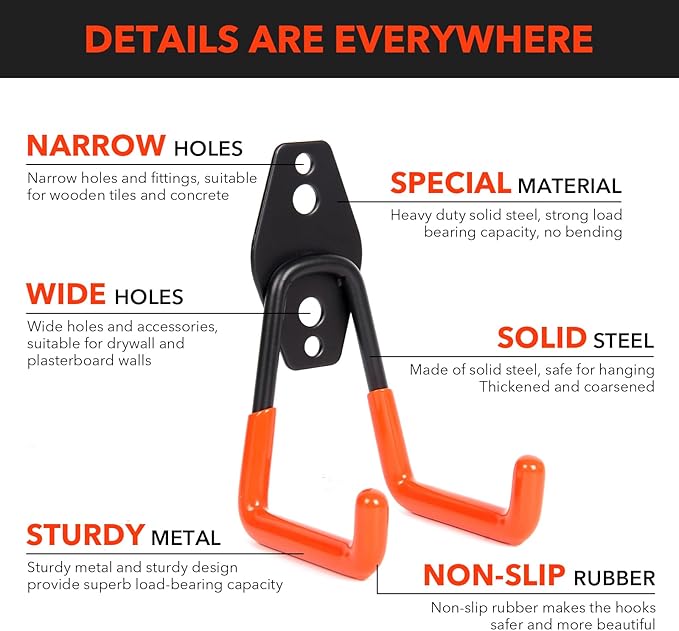10 Pack Heavy Duty Steel Utility Wall Hooks Anti-Slip Coated - Garage Wall Mount Hanging Storage Organizer for Bikes, Ladders, Garden Tools, Skis and More