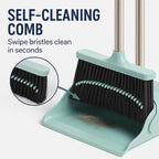 Pet Hair Broom and Dustpan Set, Self Cleaning Teeth No Hair Tangling, Heavy Duty 4 Layer Bristles, Long Handle Upright Sweep Set, Rubber Lip No Dust Left Behind for Home Floor Cleaning(Green)