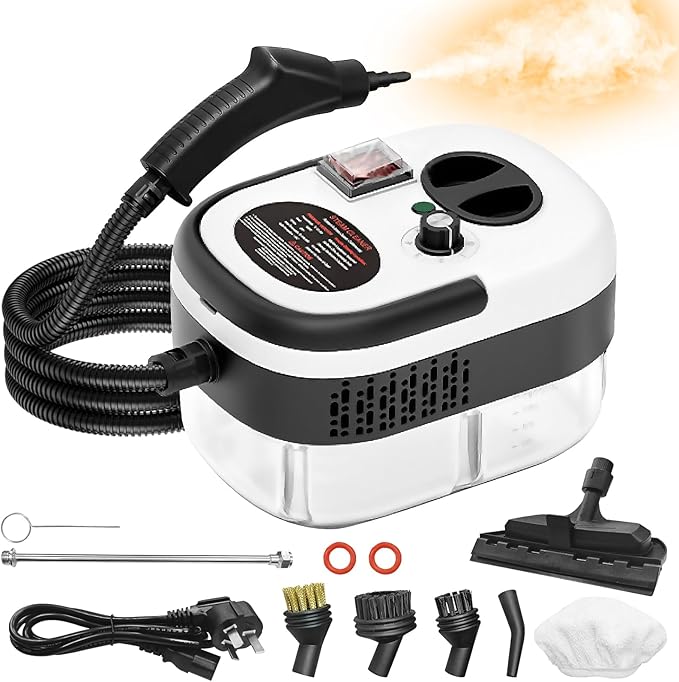 Handheld Steam Cleaner, Steamer for Cleaning, 2500W Pressurized Steam Cleaner with 1.2L Water Tank and 6 Attachments, Portable Steamer Cleaner for Home Car Kitchen Bathroom Furniture Tile Grout, White
