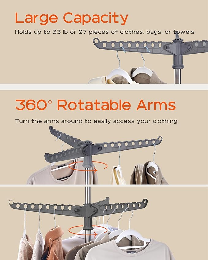 Clothes Drying Rack Foldable, 74.8 inch 2 Tier Laundry Drying Rack with Rotating Clothes Rail for 54 Pieces of Clothes, Space Saving, Indoor, Stainless Steel, Grey and Silver CDR002G01