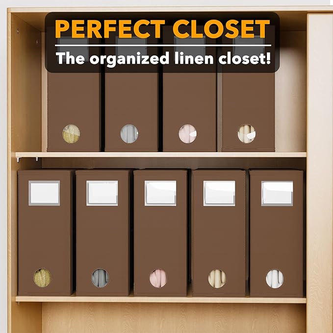 SpaceAid 9 Pack Bed Sheet Organizers and Storage, Foldable Sheet Organizer with Window for Linen Closet, Set Folder Keeper for Queen & King Size Bedding Storage (Brown)