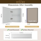 TETOTE 14 x 18 Medicine Cabinet with Tempered Beveled Mirror White Bathroom Mirror with Storage Aluminum Cabinet DTC Hinges, Stepless Adjustable Shelves, Recessed/Surface-Mounted