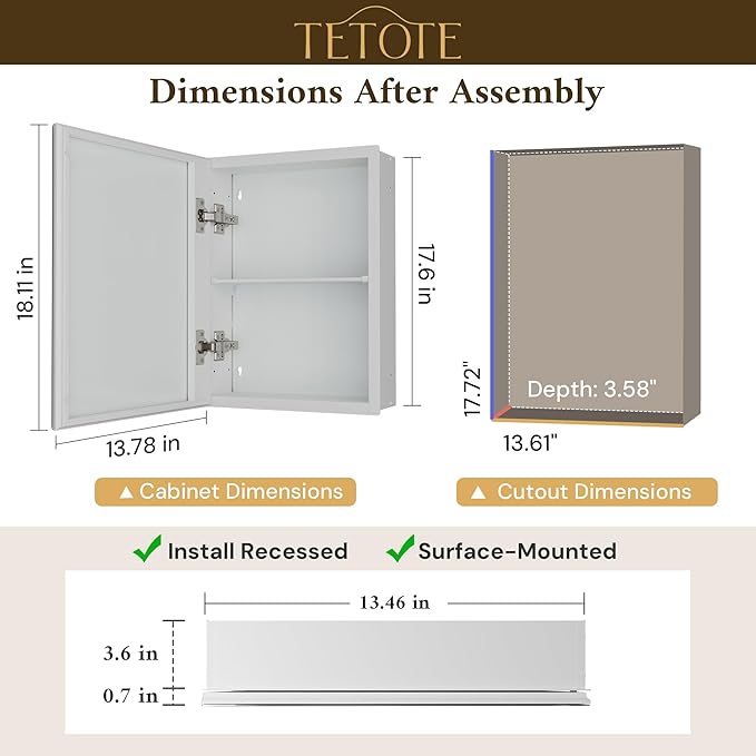 TETOTE 14 x 18 Medicine Cabinet with Tempered Beveled Mirror White Bathroom Mirror with Storage Aluminum Cabinet DTC Hinges, Stepless Adjustable Shelves, Recessed/Surface-Mounted