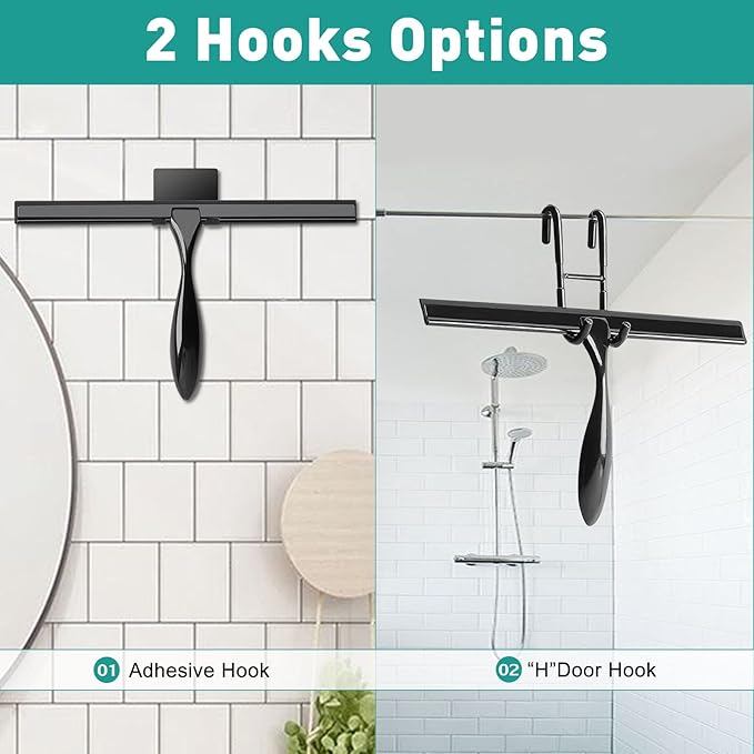 Shower Squeegee for Glass Doors,14-Inch Shower Glass Squeegee, Matte Black Shower Squeegee for Shower Doors,Mirror,Windows, with Shower Door Hook and Adhesive Hook
