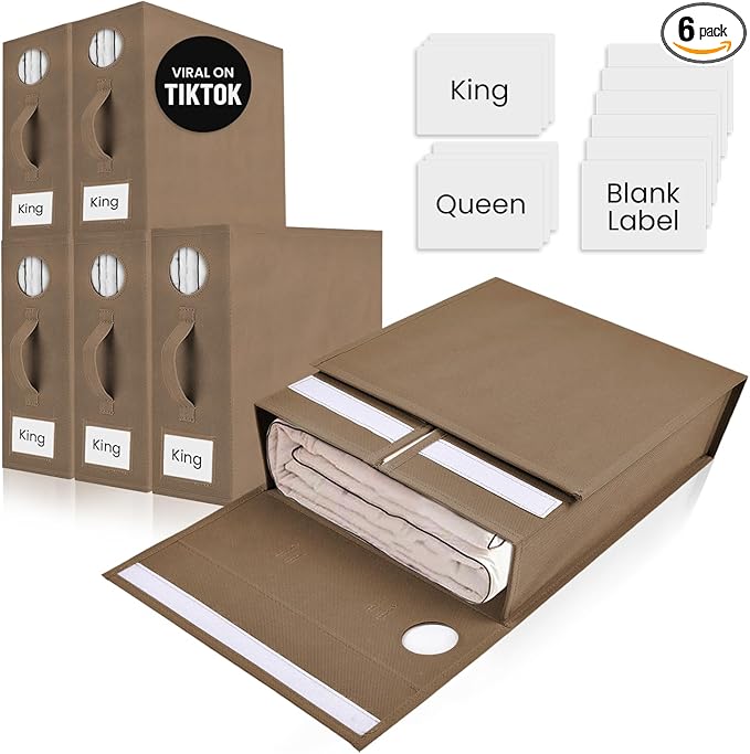 6 Pack Bed Sheet Organizer and Storage, Foldable Storage Bed Sheet Organizer for Linen Closet with Viewing Window & Label for Bedding Sheets & Blankets (Queen & King Size) Taupe