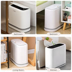 O-MART Bathroom Trash Can with Lid, Slim 3.2 Gallon Vacuum adsorption Garbage Bin, Narrow Press Top Waste Basket for Odor Control & Dog Proof for Bathroom Bedroom Office Home