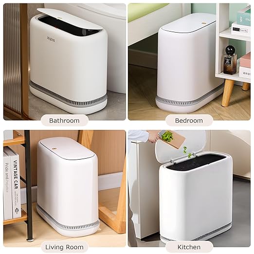 O-MART Bathroom Trash Can with Lid, Slim 3.2 Gallon Vacuum adsorption Garbage Bin, Narrow Press Top Waste Basket for Odor Control & Dog Proof for Bathroom Bedroom Office Home