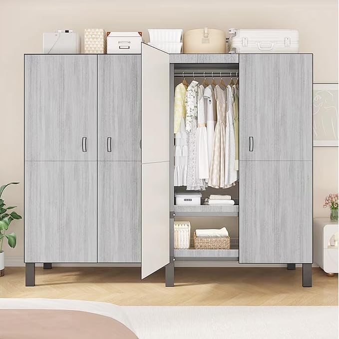 Heavy Duty Covered Clothes Rack with Magnetic Door Foldable Portable Wardrobe Closet for Hanging Clothing Rolling Black Metal Garment Rack on Wheels Closet System (Gray, 65.9in)