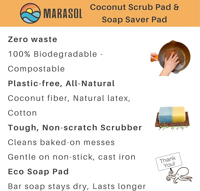 Marasol Soap Saver and Scrub Pad (2) | Coconut Fiber - Compostable | Plastic Free - Zero Waste | Bar Soap Holder | Tough Non-Scratch Scour Pad | Vegetable Brush | 2-Pack