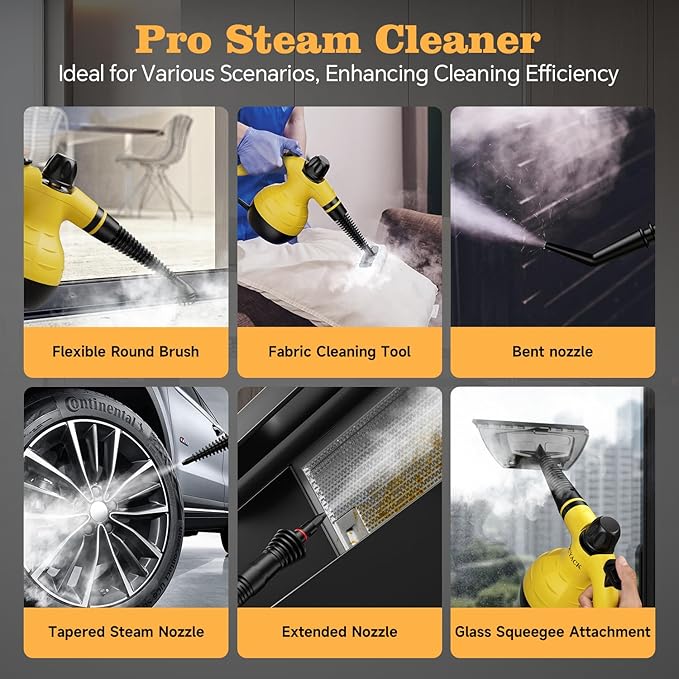 Steam Cleaner, Handheld Steam Cleaner for Home, 16-Piece Steam Cleaner Kit with Automatic Steam Switch, Steamer for Kitchen, Bathroom, Car, Living Room and Multi-Surface Deep Cleaning (Yellow)