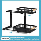Under Sink Organizer,2 Packs 2 Tier Sliding Pull Out Cabinet Storage Shelf, Metal Drawer for Kitchen Bathroom Cabinet, Under Sink Organizer Organization Rack, Rust-Resistant Black