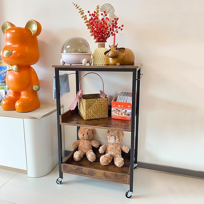 3-Tier Rolling Utility Cart with Lockable Wheels Storage Slim Storage Heavy Duty Cart Mobile Shelving Unit Craft Narrow Organizer for Bathroom Laundry Kitchen (Black)