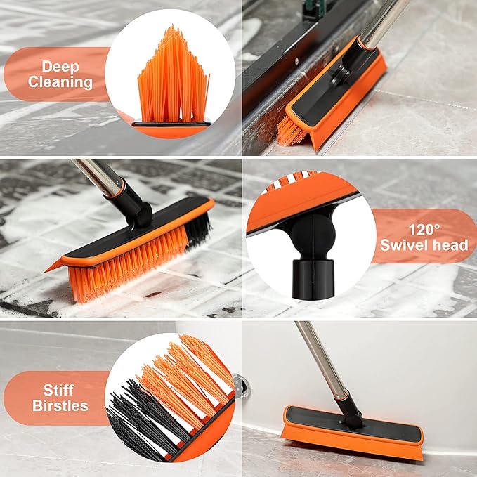2 in 1 Floor Scrub Brush Grout Brush with 57.8" Long Handle,120°Rotatable Shower Tile Grout Cleaner Scrubber,V-Shaped Corner Brush for Hard to Reach Areas (Orange)