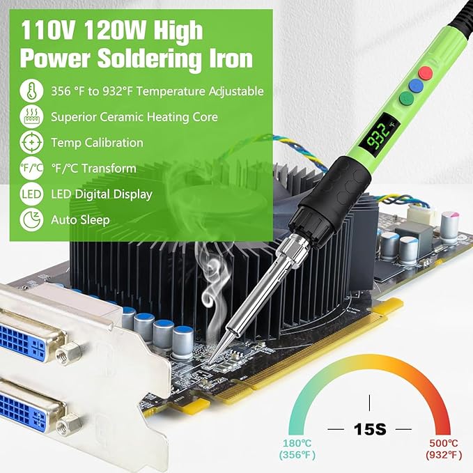 Soldering Iron Kit, 120W LED Digital Advanced Solder Iron Soldering Gun kit, 110V Welding Tools, Smart Temperature Control [356℉-932℉], Extra 5pcs Tips, Auto Sleep, Temp Calibration, Green
