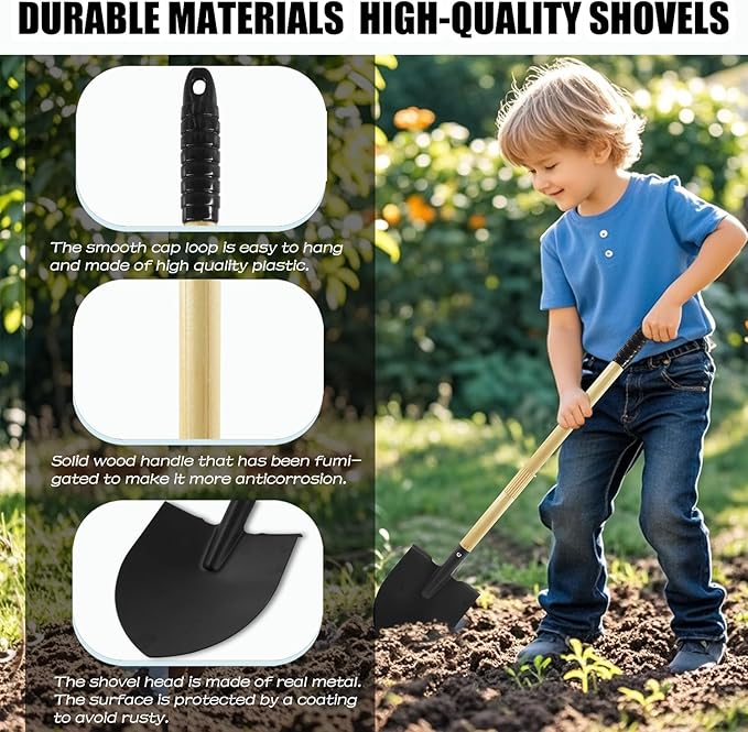 2PCS 27" Kids Shovels, Wood Handle & Metal Head Shovels for Digging Sand, Great for Beach & Garden