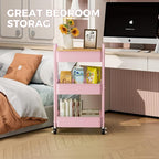 3 Tier Rolling Cart with Table top, Metal Rolling Utility Cart, Sturdy Storage Organizer Cart with Locking Wheels & Hooks for Office, Classroom, Kitchen and Bathroom，Pink