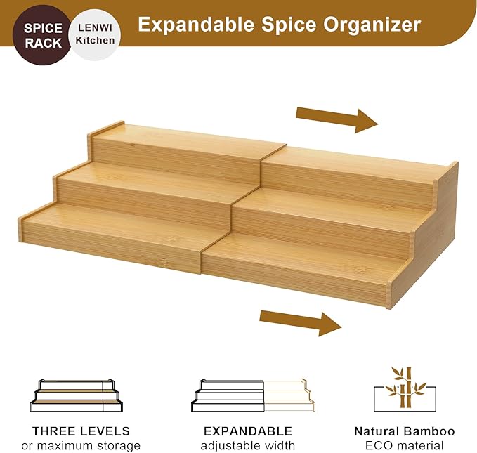 Spice Rack Organizer for Cabinet 2Pack, 3 Tier Expandable Bamboo Spice Storage, Great for Kitchen Cabinet, Cupboard,Pantry and More(Natrual)