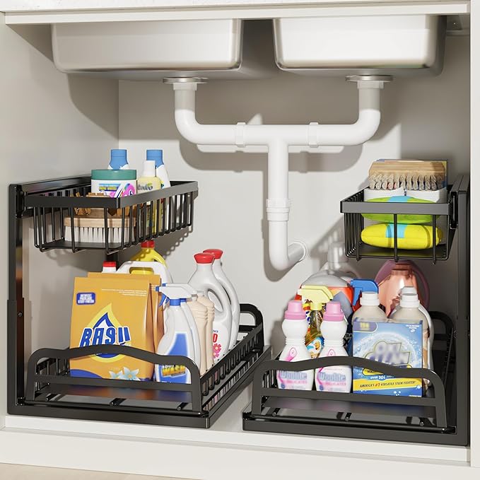 AceMining Under Sink Organizer, 2 Pack Pull-Out Under Cabinet Organizer, 2 Tier Under Sink Storage with Sliding Basket, L-Shaped and Adjustable Height Design for Kitchen and Bathroom