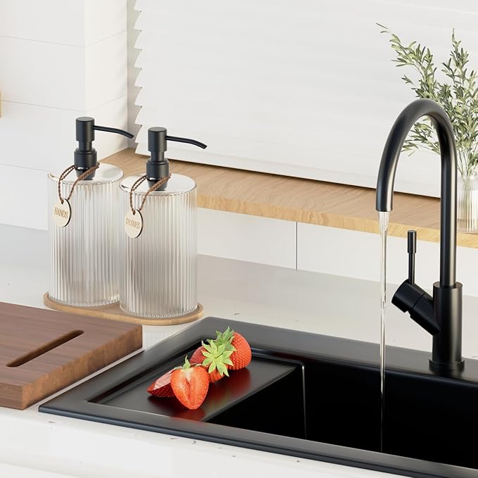 18Oz Kitchen Dish Soap Dispenser Set,Glass Hand Soap Dispenser Bathroom with Wood Tray & Black Stainless Steel Pump,Vertical Stripe Design