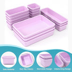 16 PCS Drawer Organizer Set, 4 Size Makeup Drawer Divider Organizer With Non-Slip Pads, Interlocking Plastic Storage Bins for Office,Jewelry Vanity,Gadgets, Bathroom,Kitchen, Purple