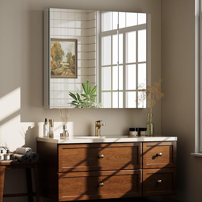 Bathroom Medicine Cabinet Mirror with Storage, 36 Inch x 26 Inch Silver Medicine Cabinet with Double Door & Adjustable Shelves for Vanity, Aluminum Surface, Wall-Mount or Recessed