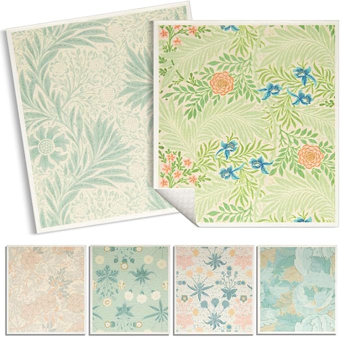 6 - Pack Swedish Kitchen Dish Cloths - Reusable Paper Towels for Counters & Dishes - Eco Friendly Cellulose Sponge Cloth - Assorted (Flower Pattern)
