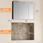 36x30 Inch Medicine Cabinet with Mirror, Aluminum Bathroom Mirror Cabinet, Beveled Edge Mirrored Triple Door, Adjustable Shelves, Surface or Recessed Mount Mirrors with Storage,Black