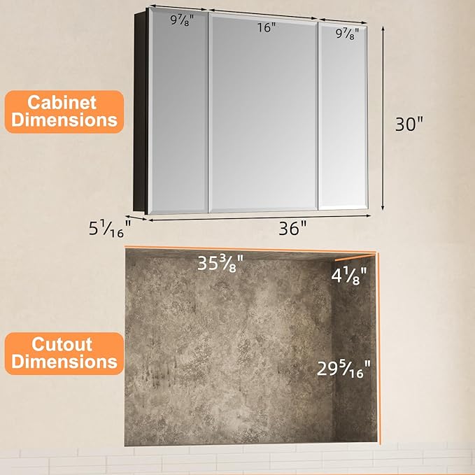 36x30 Inch Medicine Cabinet with Mirror, Aluminum Bathroom Mirror Cabinet, Beveled Edge Mirrored Triple Door, Adjustable Shelves, Surface or Recessed Mount Mirrors with Storage,Black