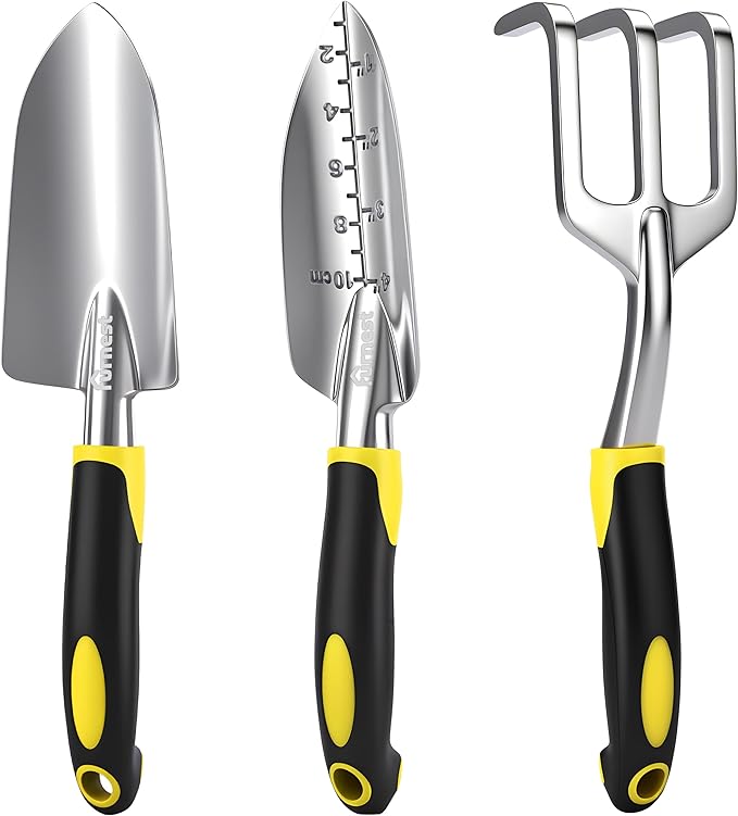 Garden Tool Set, 3 Pack Staines Steel Heavy Gardening Kit Including Hand Shovel, Transplant Shovel and Hand Rake for Planting, Digging, Weeding