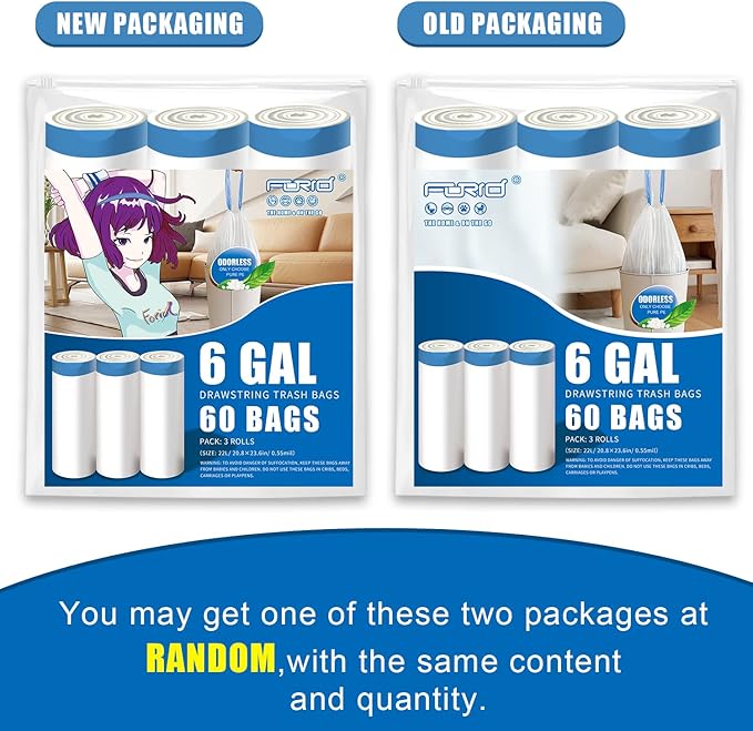 FORID Small Drawstring Trash Bags - 6 Gallon Plastic Trash Bags Heavy Duty White Trash Can Liners 60 Count Unscented Bin Bags for Kitchen Bathroom Office Home Bedroom 22 Liter