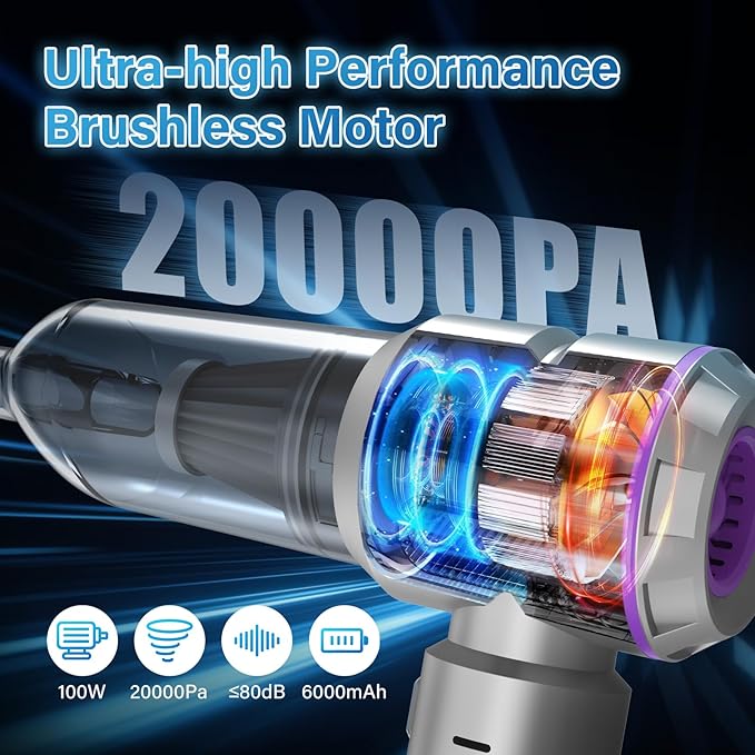 Car Vacuum Portable Cordless 20000pa High Power 4-in-1 Handheld Vacuum Cordless Rechargeable, Portable Vacuum with 3 Reusable Filter, Small Vacuums for Car Home Office & Pet(Silver Purple)
