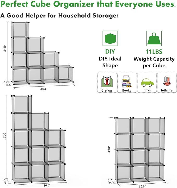 C&AHOME Cube Storage Organizer, 12-Cube Shelves Units, Closet Cabinet, DIY Plastic Modular Book Shelf, Ideal for Bedroom, Living Room, Office, 36.6" L x 12.4" W x 48.4" H Grey UPCS12G