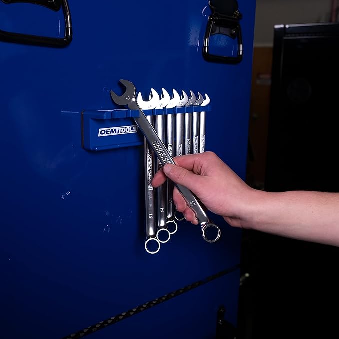 OEMTOOLS 22515 Magnetic Wrench Holder and Tool Organizer, Magnet Holds Up To 10 Wrenches To Most Metal Surfaces, SAE and Metric, 9.25 Inch Magnetic Tool Holder For Shop Or Garage, Blue