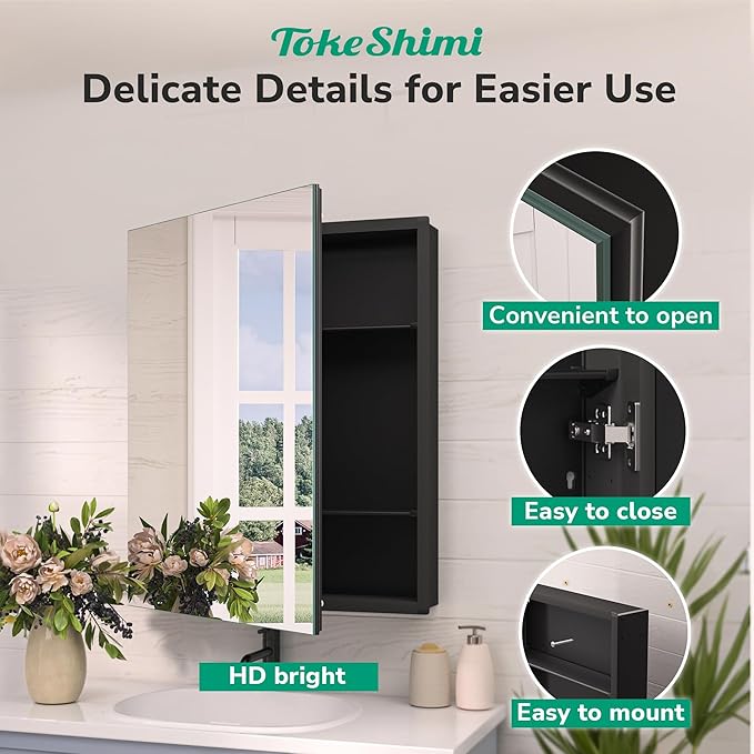 TokeShimi 24 x 32 Mirrored Medicine Cabinet Recessed or Surface Mount, Aluminum Tempered Bathroom Medicine Cabinet with Mirror with Storage Black Stepless Adjustable Metal Shelves Farmhouse