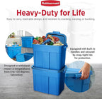 Rubbermaid Roughneck Tote 18 Gal, 10 Pack, Made in USA, Heritage Blue, Rugged Plastic Stackable Storage Bins with Lids and Handles